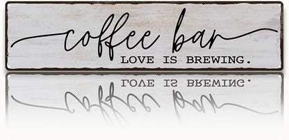 Coffee Bar Sign, Love is Brewing Signs, Retro Metal Tin Sign, Vintage Coffees Wall Art, Decorations for Kitchen, Cafe, Coffee Station, Home Bar, Decorative Metal Wall Signs 15.8x4 Inches