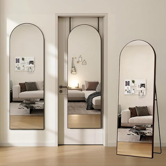 Dewfig Door Mirror with Stand, Arched Full Length Mirrors Over The Door, 16"x 50" Hanging or Wall Mirror, Full Body Mirrors for Bedroom,Living Room,Black