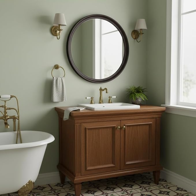Round Mirrors 36 Inch,Rustic Decorative Transitional Dark Walnut Wall Mirror with Wood Grain for Bathroom,Farmhouse Hanging Vanity Mirror for Entryway Living Room or Bedroom