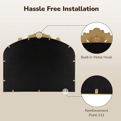 USHOWER Gold Anthropologie Vintage Arched Mirror 36" x 30", Large Baroque Ornate Mirror with Antique Brass Frame for Fireplace, Bathroom, Living Room, Entryway Renovation