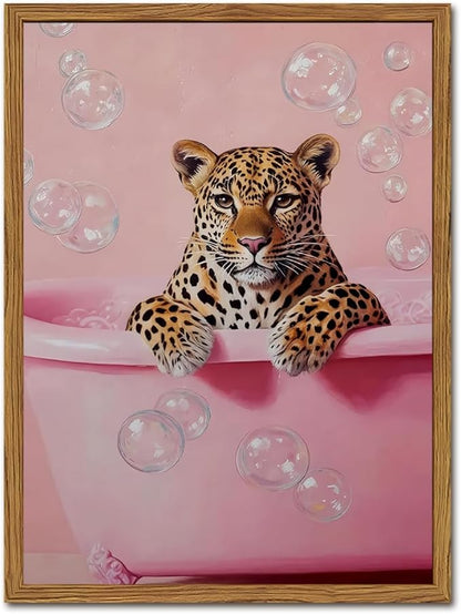Funny Cheetah Bathroom Wall Art, Pink Leopard in Bathtub Wall Decor Paintings, Cute Animal Bathroom Poster Canvas Prints Maximalist Dopamine Girl Washroom Artwork 12x16 inch Framed