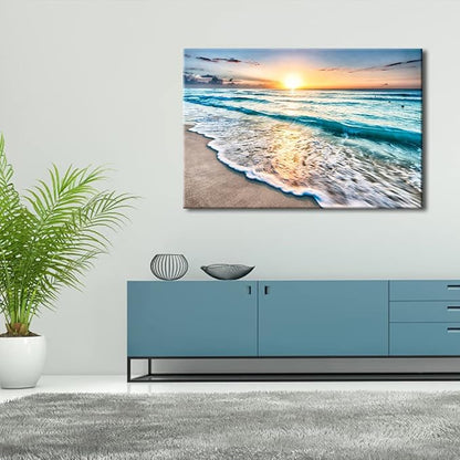 Wieco Art Sea Waves Large Canvas Prints Wall Art Ocean Beach Pictures Paintings Ready to Hang for Living Room Bedroom Home Decorations Modern Stretched and Framed Seascape Giclee Artwork