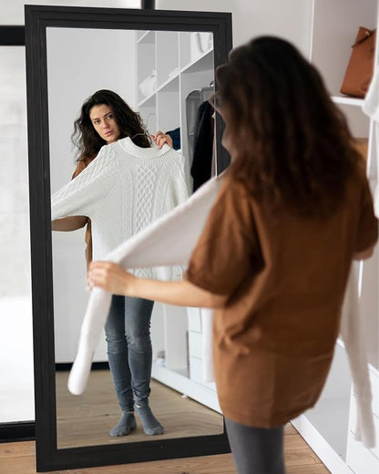 Full Length Mirror, 81"x41" Wooden Mirror Full Length with Stand Wood Floor Mirror, Oversized Stand Up Mirrors Large Wall Mirrors, Wall Mounted Mirrors, Rect Wood Style, Black