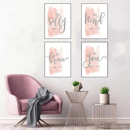 Set of 4 Teen Girl Framed Wall Art Canvas Painting Be Brave Inspirational Quotes Print Blush Grey Poster Picture Nordic Girls Bedroom Decor