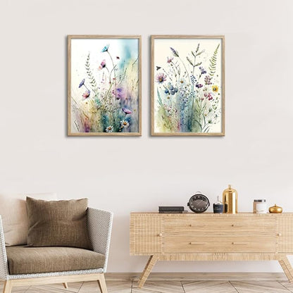 Framed Colorful Flowers Bathroom Wall Art Decor, Blue Floral Picture Canvas Print White Daisy Painting Artwork for Bedroom Office Decoration 12"x16"x2 Panels