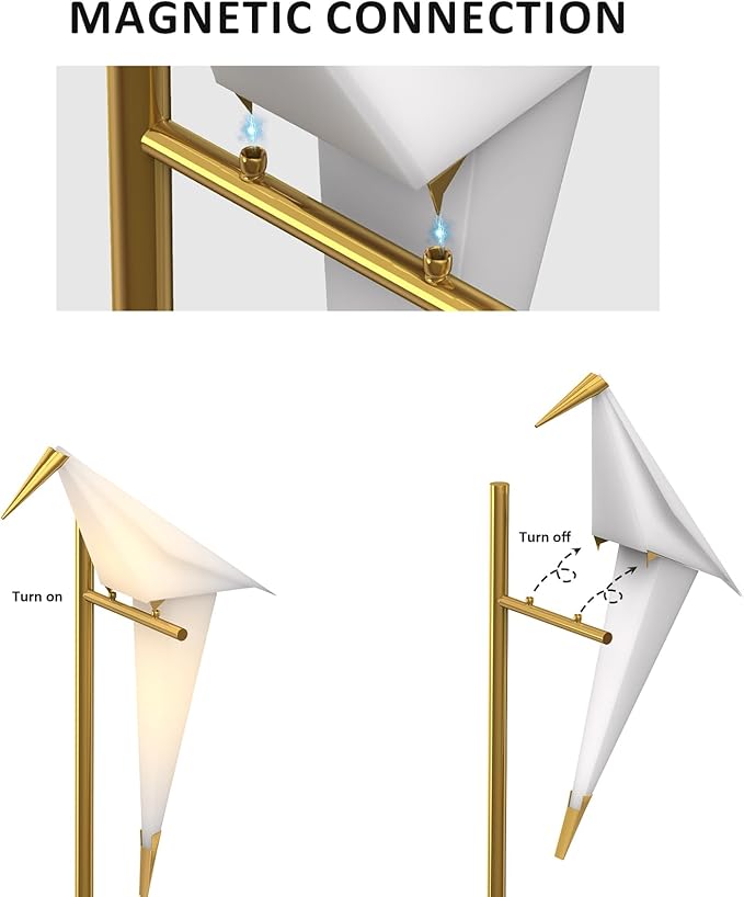63" Bird Floor Lamp, Modern Gold Origami Bird Lamp Swinging Crane Pendant Light for Bedroom Dining Living Room