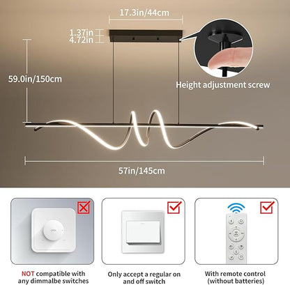 Modern LED Chandelier Light, 57IN Pendant Light Fixtures Dimmable with Remote Control 3000k-6500K Adjustable Color Temperature, Aluminum Island Lighting Lamp for Dining Room, Living Room, Island