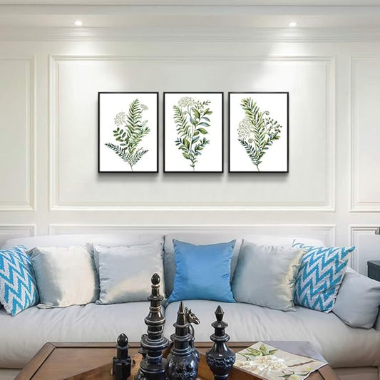 AHUASJART Large Wall Art For Living Room Bathroom Wall Decorations Kitchen Wall Decor Canvas Print Decor Modern Simple Bedroom Home Decor Green Leaves Poster Wall Paintings Black Framed 3 Pieces