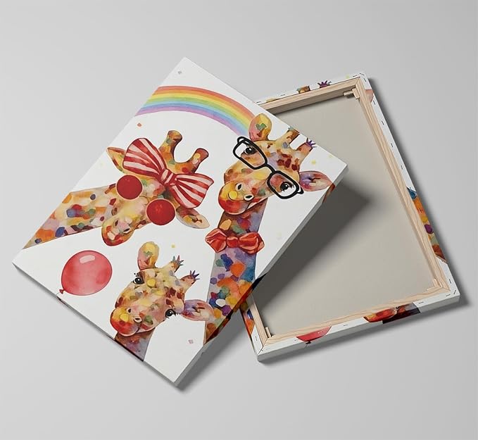 12x16 Inch Colorful Giraffe Canvas Wall Art - Watercolor Rainbow Giraffe Family Poster with Glasses Balloon - Framed Funny Animal Wall Decor Prints for Kids Bedroom Nursery Bathroom Playroom