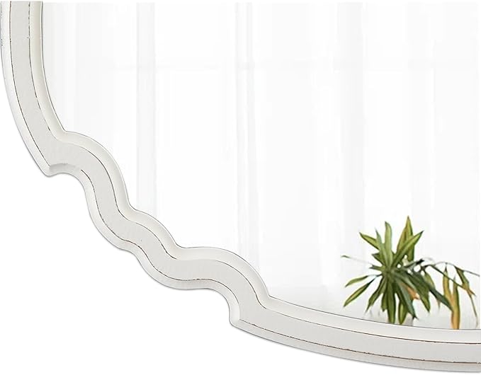 Rustic Oval Mirror 22 X 30 Inch, Hanging Distressed White Scalloped Wood Framed Vintage Mirrors for Wall Decor, Farmhouse Mirror Wall Decor for Bathroom Hallway, Horizontal or Vertical