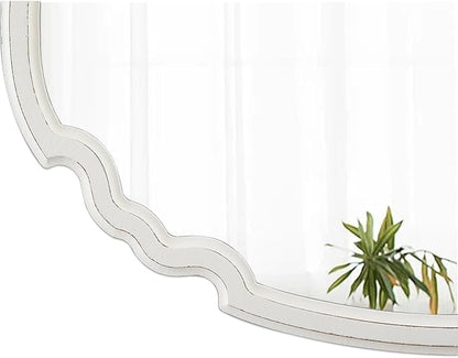 Rustic Oval Mirror 22 X 30 Inch, Hanging Distressed White Scalloped Wood Framed Vintage Mirrors for Wall Decor, Farmhouse Mirror Wall Decor for Bathroom Hallway, Horizontal or Vertical