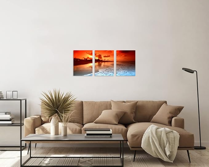 TutuBeer 3 Panels Beach Pictures Wall Decor Beach at Sunset Ocean Pictures Print on Canvas Ocean Picture Wall Decor Ocean Art for Home Decoration Stretched and Framed 16" x 24" x 3 Pieces