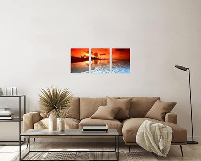 TutuBeer 3 Panels Beach Pictures Wall Decor Beach at Sunset Ocean Pictures Print on Canvas Ocean Picture Wall Decor Ocean Art for Home Decoration Stretched and Framed 16" x 24" x 3 Pieces