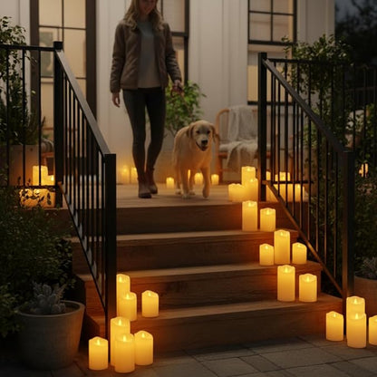Outdoor Flameless Candles, Patented 3D Dual-LED, Set of 9 Slanted Resin Pillars with 2 Remotes, Bulk Party Decor for Fireplace Holiday, Non-Melting Waterproof Battery Operated, (Ivory)