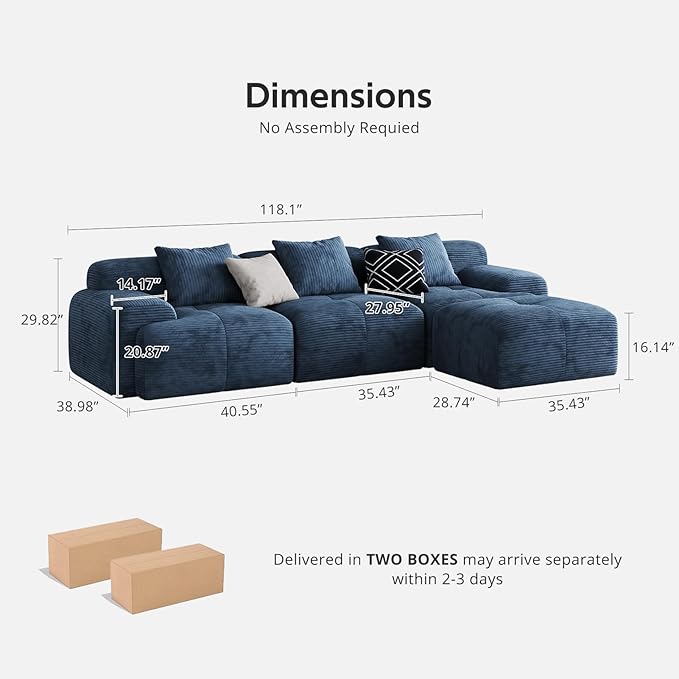 Modern L-Shaped Modular Sectional Sofa for Living Room，Oversized 3-Seater Couch with Deep Seat and Movable Ottoman – No Assembly,Comfortable Suede Fabric Boneless Sofa (Blue)
