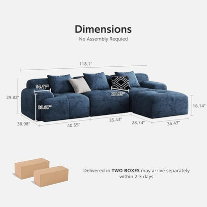 Modern L-Shaped Modular Sectional Sofa for Living Room，Oversized 3-Seater Couch with Deep Seat and Movable Ottoman – No Assembly,Comfortable Suede Fabric Boneless Sofa (Blue)