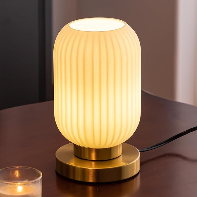 Bedside Table Lamp with Glass Shade, Small Nightlight Lamp Elegant Milky White Glass Nightstand Lamp Modern Desk Lamp with Plug-in Style for Bedroom Living Room Tabletop Dia5.9 x H9.8
