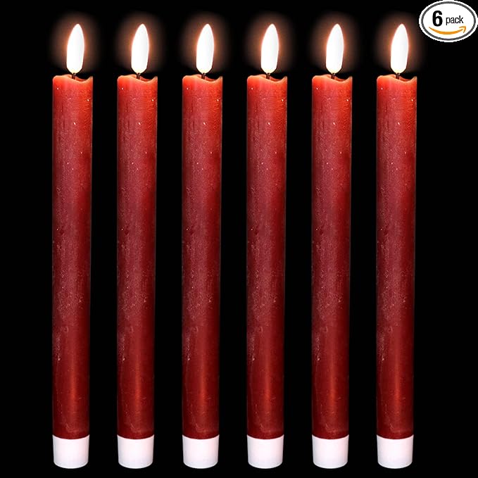 Red Flameless Taper Candles Battery Operated with 6H Timer, Real Wax 3D Wick Flickering LED Taper Candles Dinner Wedding Holiday Decor(6 Pack, 0.78 x 9.64 Inches)