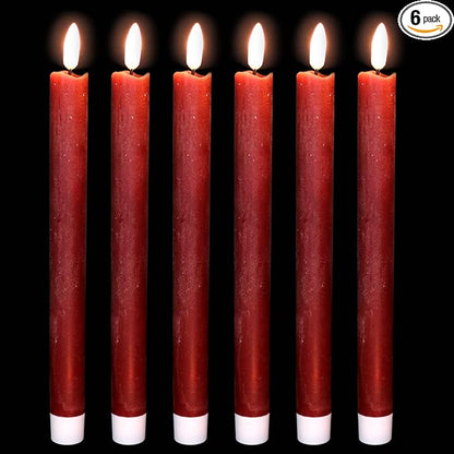 Red Flameless Taper Candles Battery Operated with 6H Timer, Real Wax 3D Wick Flickering LED Taper Candles Dinner Wedding Holiday Decor(6 Pack, 0.78 x 9.64 Inches)