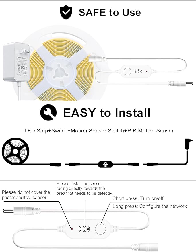 Warm White 2700K Smart COB LED Strip Light 16.4ft with Radar Motion Sensor, WiFi APP Control Dimmable Flexible LED Tape Light Timed for Google Home Alexa for Cabinets,Home&Office DIY Lighting