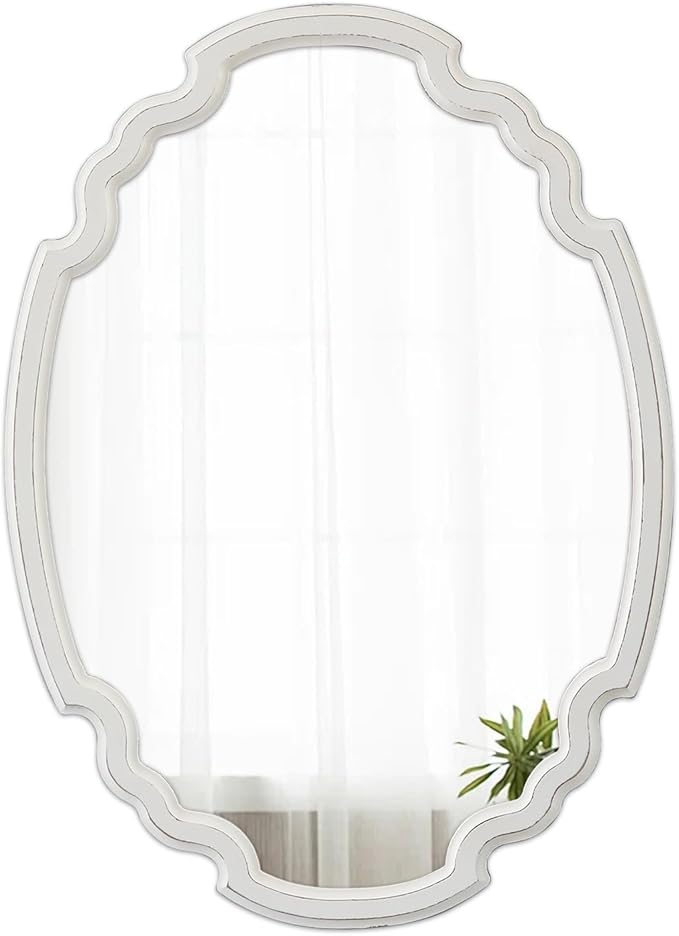 Rustic Oval Mirror 22 X 30 Inch, Hanging Distressed White Scalloped Wood Framed Vintage Mirrors for Wall Decor, Farmhouse Mirror Wall Decor for Bathroom Hallway, Horizontal or Vertical