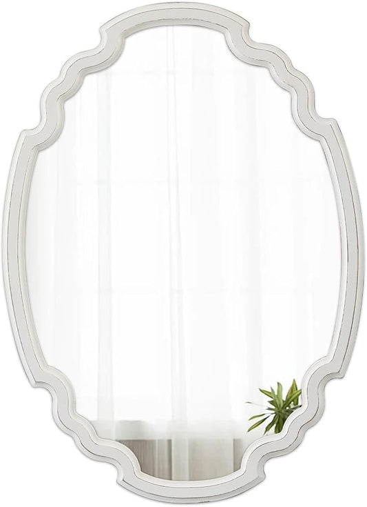 Rustic Oval Mirror 22 X 30 Inch, Hanging Distressed White Scalloped Wood Framed Vintage Mirrors for Wall Decor, Farmhouse Mirror Wall Decor for Bathroom Hallway, Horizontal or Vertical