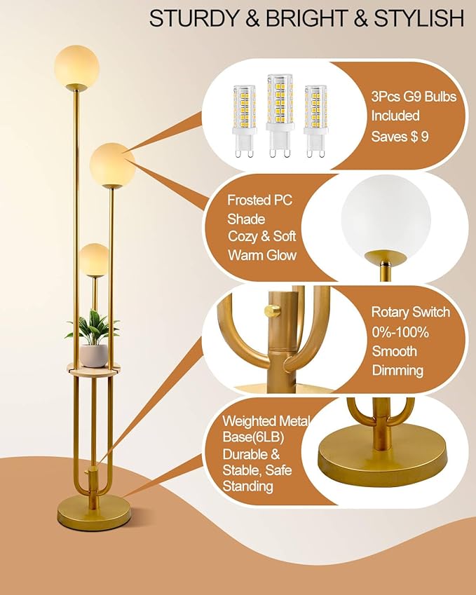 63IN Dimmable Floor Lamp with Shelf, Unique Globe Gold Tall Standing Lamps, 3000K Warmwhite Mid Century Modern Floor Lamp with 5Lbs Heavy Base for Living Room Home Office(Bulbs Included)