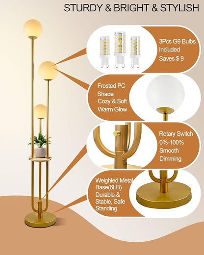 63IN Dimmable Floor Lamp with Shelf, Unique Globe Gold Tall Standing Lamps, 3000K Warmwhite Mid Century Modern Floor Lamp with 5Lbs Heavy Base for Living Room Home Office(Bulbs Included)
