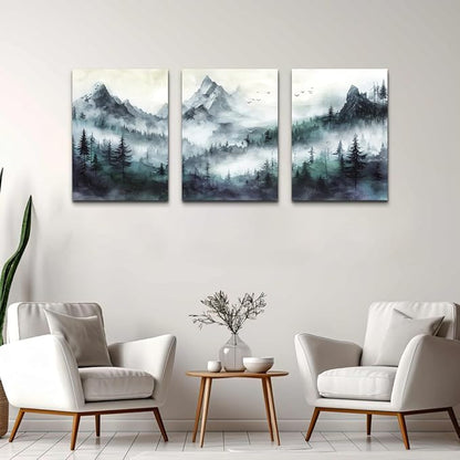 TTHYUEWS Canvas Wall Decor For Bedroom & Living Room - Modern Office Decoration - Misty & Fog Mountain Forest Wall Painting Landscape - 3 Piece, 16"X24"