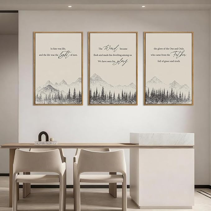 IARTTOP Extra Large Christian Bible Verse Framed Wall Art 24x36 Inch Set of 3 Easter Jesus Catholic Biblical Scripture Canvas Wall Decor Minimalist Grey Mountain Landscape Prints for Living room Dining room
