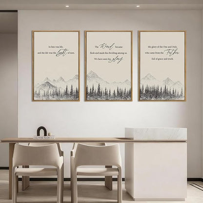 IARTTOP Extra Large Christian Bible Verse Framed Wall Art 24x36 Inch Set of 3 Easter Jesus Catholic Biblical Scripture Canvas Wall Decor Minimalist Grey Mountain Landscape Prints for Living room Dining room