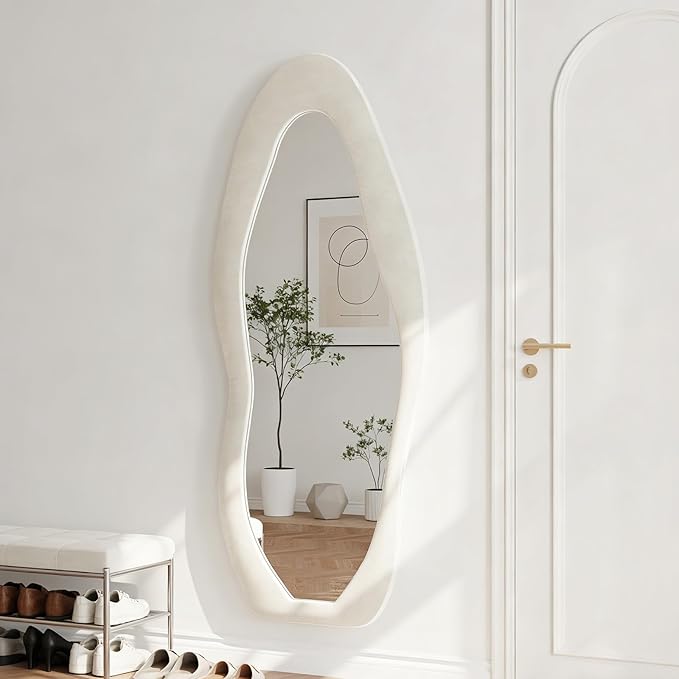Full Length Mirror, 63"x24" Full Body Mirrors, Flannel Floor Mirrors with Stand, Irregular Wavy Mirror Hanging or Leaning Against Wall for Bedroom Living Room, Beige