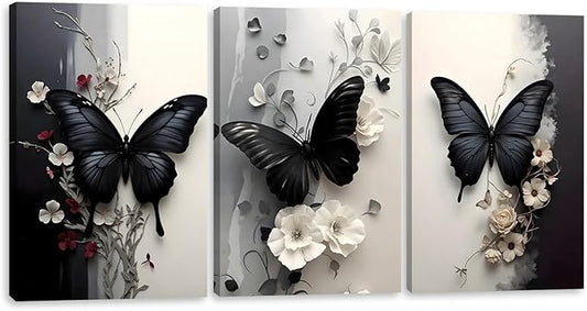 Pormipone 3 Pcs Black Butterfly Canvas Wall Art, White Flower Wall Decor, Butterfly Picture for Wall Living Room Bathroom Bedroom Home Decoration 12 * 18 in (Stretched Canvas on A Wooden Frame)