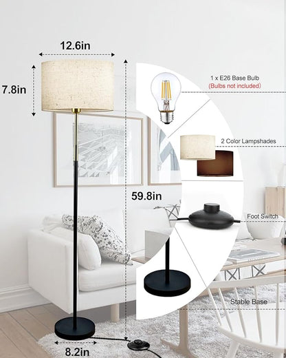Lightdot 60IN LED Floor Lamp for Living Room, Mid Century Floor Lamps with 2 Color(Off-White, Red-Brown) Fabric Shades, Industrial Floor Lamps, Standing Tall Lamp for Bedroom, Home Office-Black