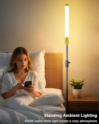 Lightdot 68IN LED Floor Lamps for Living Room, Stepless Dimmable(10-100% Brightness) Modern Standing Tall Lamp with Milky White Cylindrical LampHead,Mid Century Industrial Floor Lamp for Bedroom-Black