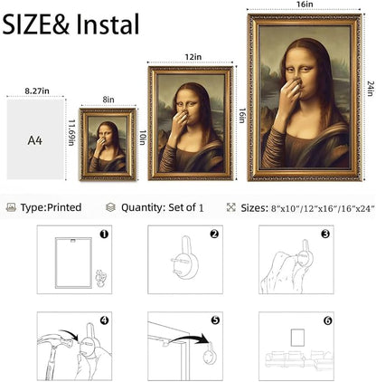 WZGZXU Vintage Gold Framed Wall Art Monalisa Holding Her Nose Wall Decor Monalisa Bathroom Canvas Art Funny Toilet Pictures Humor Imitation Paintings Ptints For Toilets Bathroom