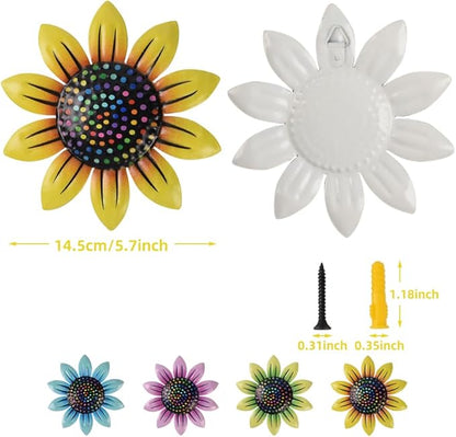 Redvigh Metal Flower Wall Art Decor 4PCS, Sunflower Garden Ornaments 3D Daisy Flower Hanging Wall Decorations for Bedroom Living Room Bedroom Indoor Outdoor
