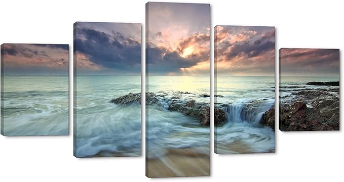Yatsen Bridge Landscape Canvas Wall Art 5 Panels Sea Water and Rocks Picture Artwork Sunrise Wall Decorative Set for Home Office Decor Modern Stretched and Wood Framed Ready to Hang -60" W x 32" H