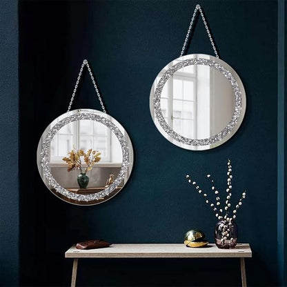 QMDECOR Crystal Crush Diamond Silver Mirror 2 Pack Diameter 12inch Round Shape with Iron Chain Real Glass Mirror for Wall Decor