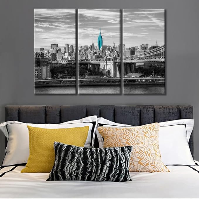 3 Panel New York USA Skyscrapers Landscape Artwork Canvas Wall Art Beautiful Brooklyn Bridge City Skyline Posters and Prints Bathroom Decor Wall Art Print on Canvas Framed Ready to Hang (36"Wx24"H)