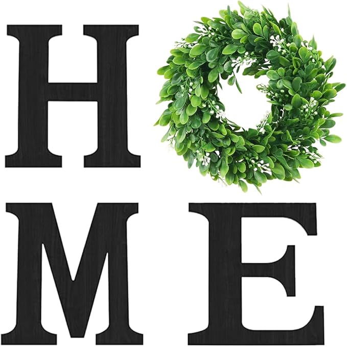Pinkpum Wooden Home Sign with Artificial Green Wreath for O, Hanging Farmhouse Wall House Decor Wood Letters for Wall Art Rustic Home Decor, Wall Decor for Living Room Kitchen Entryway (Black)