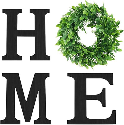 Pinkpum Wooden Home Sign with Artificial Green Wreath for O, Hanging Farmhouse Wall House Decor Wood Letters for Wall Art Rustic Home Decor, Wall Decor for Living Room Kitchen Entryway (Black)