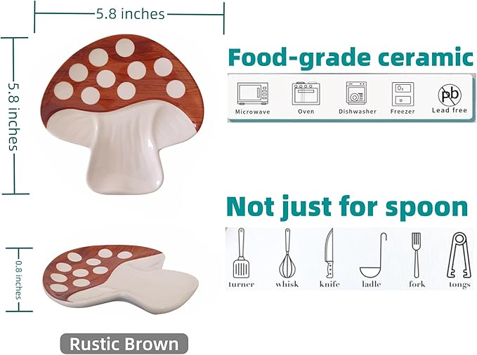 Ceramic Spoon Rest for Stove Top & Kitchen Counter Spoon Holder for Stove & Cooking Spoon Holder for Ladle Cute Spoon & Utensil Rest Spatula Rest, Mushroom Kitchen Decor & Accessories (Rustic Brown)