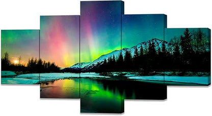 SKASNFAI Northern Lights Wall Art Alaska Posters Canvas Landscape Artworks for Living Room Mountains Picture Office Wall Decor for Bedroom (60Wx32H)