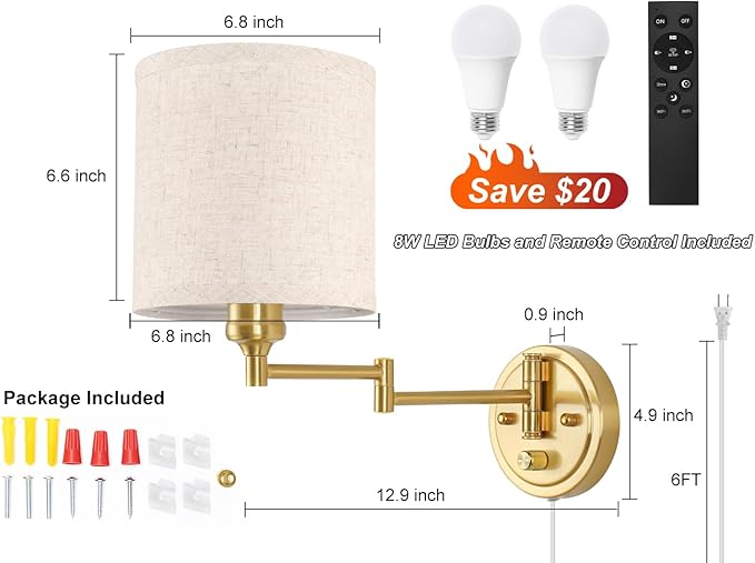 GOODATE Plug in Wall Sconces with Remote Control, Dimming & Adjustable Colors 2700K-6500K, Hardwire or Plug-in, Swing Arm Wall Lamp with Linen Fabric Shade, Wall Sconces Set of Two, Gold Finish