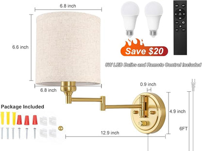 GOODATE Plug in Wall Sconces with Remote Control, Dimming & Adjustable Colors 2700K-6500K, Hardwire or Plug-in, Swing Arm Wall Lamp with Linen Fabric Shade, Wall Sconces Set of Two, Gold Finish
