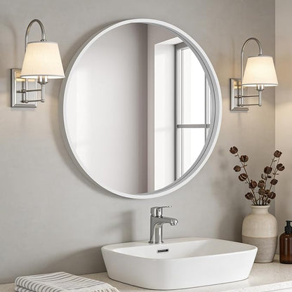 WallBeyond Round Wood Mirror 28 inch Circle Wall Mirror for Bathroom Round Wall Mirror for Wall Decor, Vanity, Entryway Living Room (White)