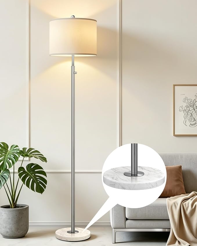 【Upgraded】 Dimmable Floor Lamp for Living Room, 11W LED Bulb Included, Modern Standing Lamp with Marble Base, Tall Pole Light with Linen Shade for Bedroom Reading Office Corner Nursery-Brushed Nickel
