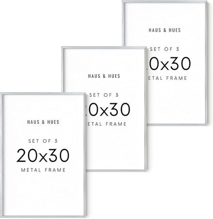 HAUS AND HUES 20x30 Silver Metal Picture Frames - Premium Aluminum with Hanging Hardware, Shatterproof Plexiglass - Ideal for Home or Office (20x30 in, Silver, Set of 3)