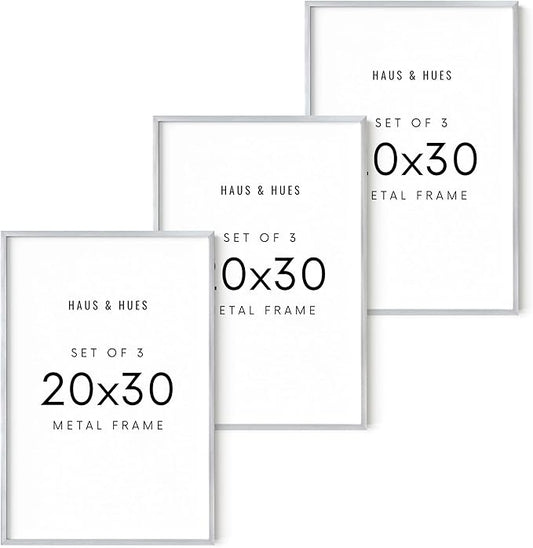 HAUS AND HUES 20x30 Silver Metal Picture Frames - Premium Aluminum with Hanging Hardware, Shatterproof Plexiglass - Ideal for Home or Office (20x30 in, Silver, Set of 3)